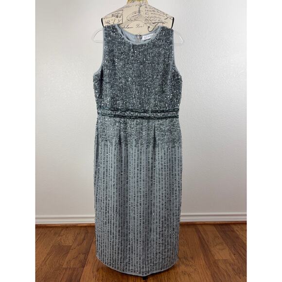 B69 Mac Duggal Sequin Midi Sheath Dress Womens 12 Gray Sleeveless Wedding Guest - Picture 4 of 11